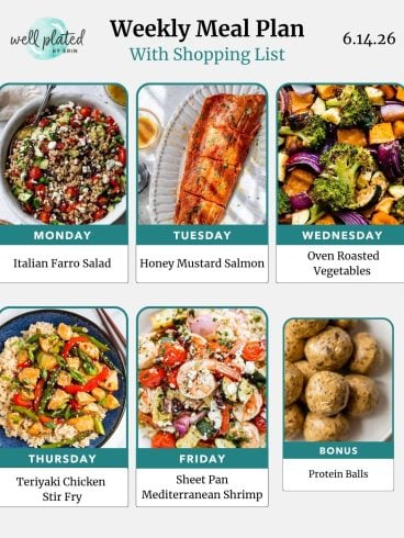 Weekly meal plan featuring farro salad, honey mustard salmon, roasted veggies, chicken stir fry, Mediterranean shrimp, and protein balls.