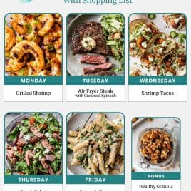 Weekly meal plan with photos of grilled shrimp, steak with spinach, shrimp tacos, steak salad, spinach pasta, and granola.