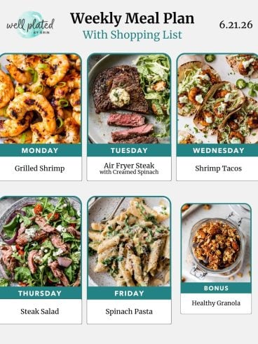 Weekly meal plan with photos of grilled shrimp, steak with spinach, shrimp tacos, steak salad, spinach pasta, and granola.