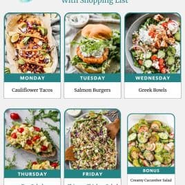 Weekly meal plan with photos of cauliflower tacos, salmon burgers, Greek bowls, egg salad, chicken salad, and cucumber salad.