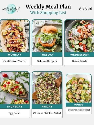 Weekly meal plan with photos of cauliflower tacos, salmon burgers, Greek bowls, egg salad, chicken salad, and cucumber salad.