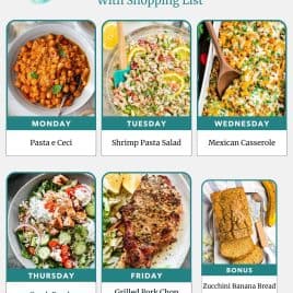 Weekly meal plan featuring Pasta e Ceci, Shrimp Pasta Salad, Mexican Casserole, Greek Bowls, Pork Chop, and banana bread.