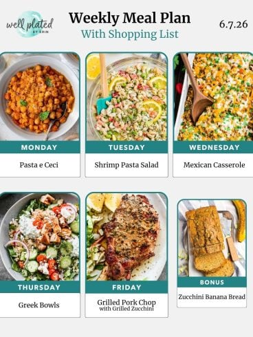 Weekly meal plan featuring Pasta e Ceci, Shrimp Pasta Salad, Mexican Casserole, Greek Bowls, Pork Chop, and banana bread.