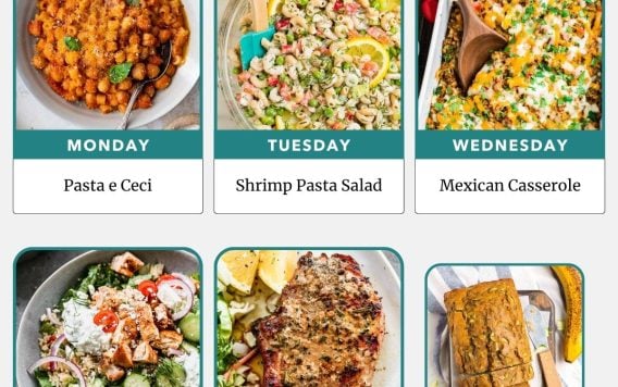 Weekly meal plan featuring Pasta e Ceci, Shrimp Pasta Salad, Mexican Casserole, Greek Bowls, Pork Chop, and banana bread.