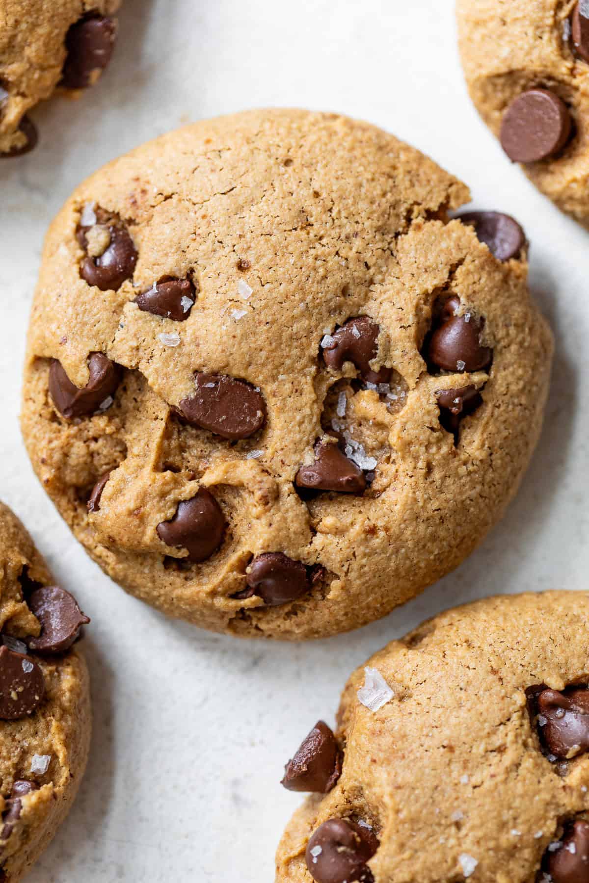 Easy Almond Flour Cookies. One bowl, no chilling needed! Close-up of a chocolate chip almond flour cookie with visible chocolate chips and a sprinkle of sea salt on top.