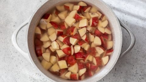 Diced red potatoes in a pot of water, ready to be boiled, on a light gray countertop.