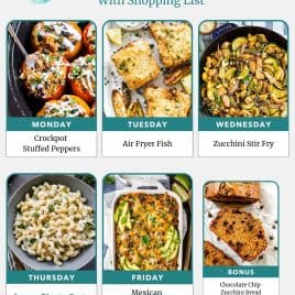Weekly meal plan with photos: stuffed peppers, fish, stir fry, pasta, casserole, and chocolate chip zucchini bread.