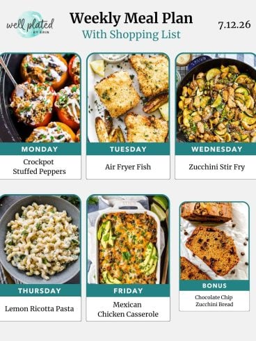 Weekly meal plan with photos: stuffed peppers, fish, stir fry, pasta, casserole, and chocolate chip zucchini bread.