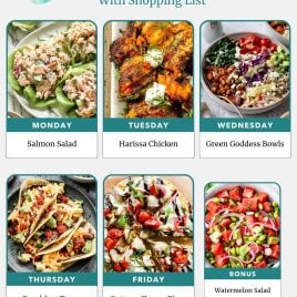 A weekly meal plan with photos of salmon salad, harissa chicken, green goddess bowls, tacos, pizza, and watermelon salad.