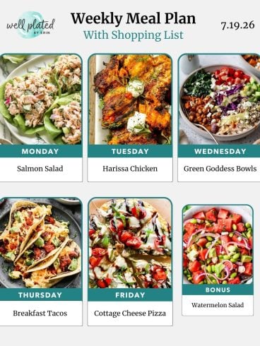 A weekly meal plan with photos of salmon salad, harissa chicken, green goddess bowls, tacos, pizza, and watermelon salad.