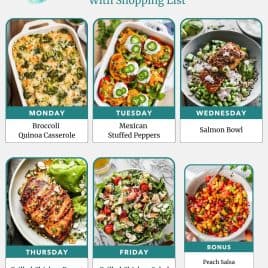 Weekly meal plan with photos of broccoli casserole, stuffed peppers, salmon bowl, grilled chicken, salad, and peach salsa.