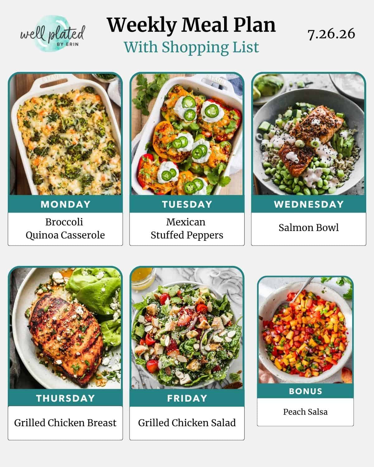 Weekly meal plan with photos of broccoli casserole, stuffed peppers, salmon bowl, grilled chicken, salad, and peach salsa.