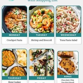Meal Plan: Mon-Crockpot Pasta, Tue-Shrimp & Broccoli, Wed-Tuna Pasta Salad, Thu-Butter Chicken, Fri-Ricotta Pizza, Bonus-Zucchini Bread.