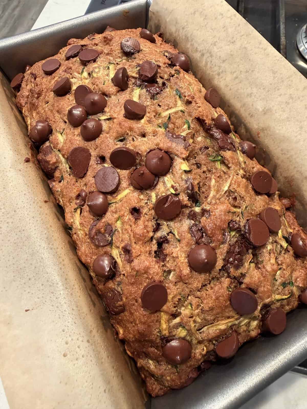 A loaf of zucchini bread in a pan, topped with chocolate chips and baked to a golden brown.