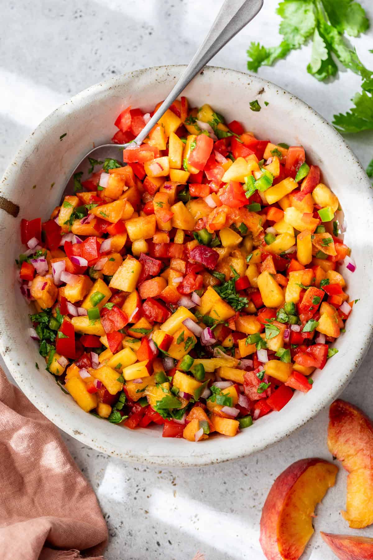Bowl of fresh peach salsa with diced peaches, tomatoes, onions, peppers, and herbs, with a spoon inside.