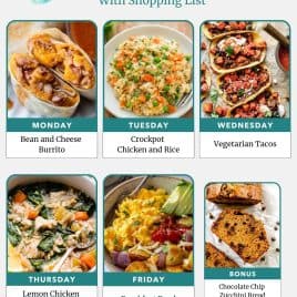 Weekly meal plan with photos: burrito, chicken and rice, tacos, orzo soup, breakfast bowl, and zucchini bread.
