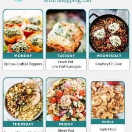 Weekly meal plan with photos: stuffed peppers, lasagna, chicken, salad, Mediterranean shrimp, and apple chips.