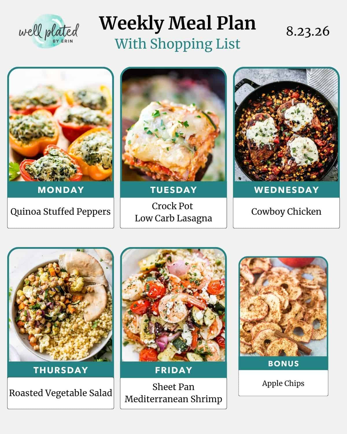 Weekly meal plan with photos: stuffed peppers, lasagna, chicken, salad, Mediterranean shrimp, and apple chips.