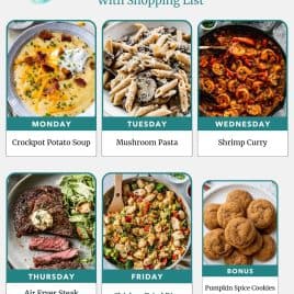 Weekly meal plan with images of potato soup, mushroom pasta, shrimp curry, steak, fried rice, and pumpkin spice cookies.