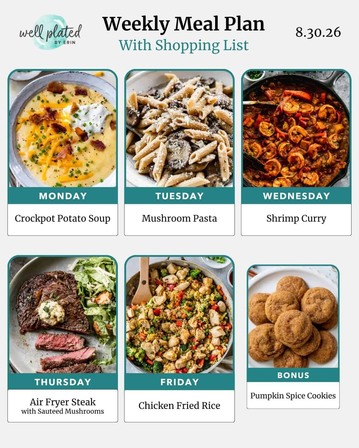 Weekly meal plan with images of potato soup, mushroom pasta, shrimp curry, steak, fried rice, and pumpkin spice cookies.