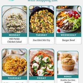Weekly meal plan with photos of dill chicken salad, veggie stir fry, burger bowl, noodles, pizza, and zucchini muffins.