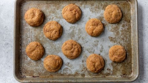 Ten pumpkin spice cookies arranged on a worn baking sheet, viewed from above.