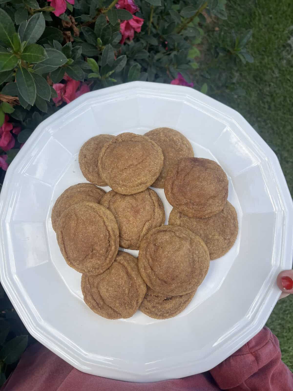 A white plate with cookies is held above green bushes with pink flowers.