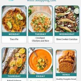 Weekly meal plan with images: taco pie, chicken and rice, carnitas, salmon, carrot soup, and pumpkin bread.