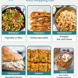 Weekly meal plan with images of vegetable lo mein, chicken quesadilla, mac and cheese, sandwich, pizza, and oatmeal.