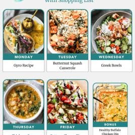 Weekly meal plan featuring photos of dishes: gyro, casserole, bowls, soup, pizza, and chicken dip.