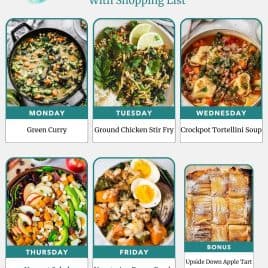 Weekly meal plan with images: green curry, stir fry, tortellini soup, salad, power bowls, and upside down apple tart.