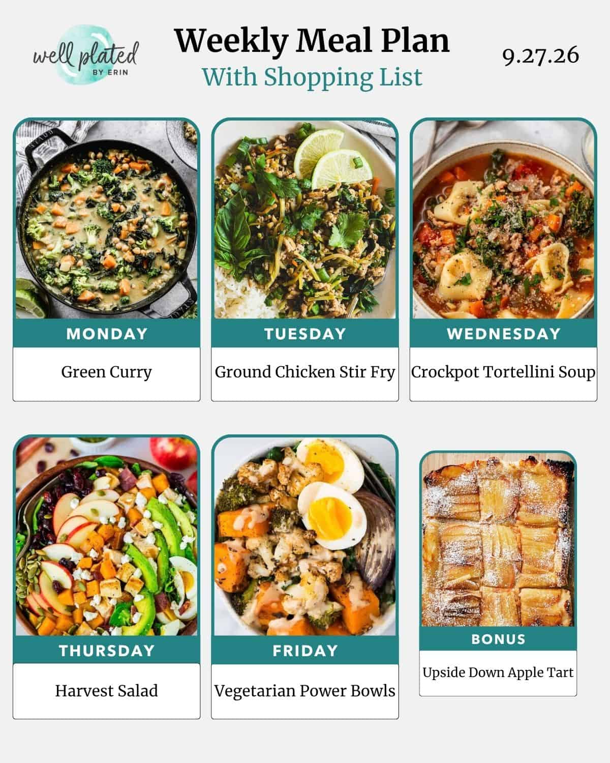 Weekly meal plan with images: green curry, stir fry, tortellini soup, salad, power bowls, and upside down apple tart.