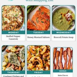 Weekly meal plan with images: stuffed pepper casserole, salmon, soup, chicken, shrimp, and bacon. Date: 9.6.26.