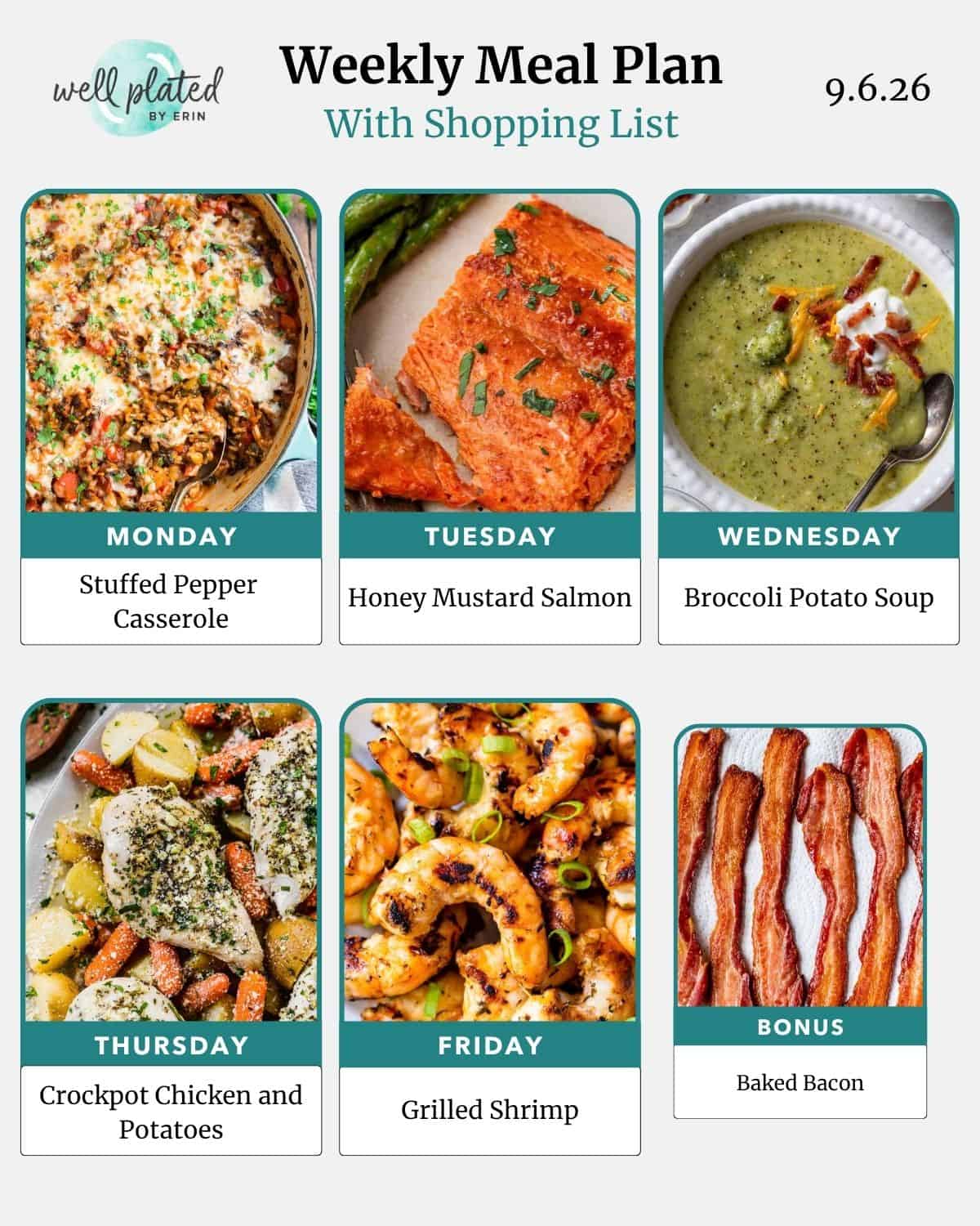 Weekly meal plan with images: stuffed pepper casserole, salmon, soup, chicken, shrimp, and bacon. Date: 9.6.26.