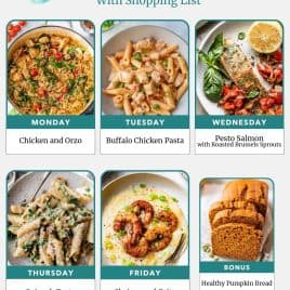 Weekly meal plan for October 11, 2026, featuring photos and names of five dinner recipes and a pumpkin bread bonus.