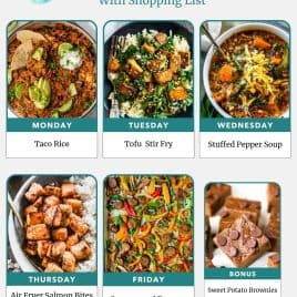 Weekly meal plan for 10.18.26 featuring six dishes including taco rice, tofu stir fry, soup, salmon, sausage, and brownies.