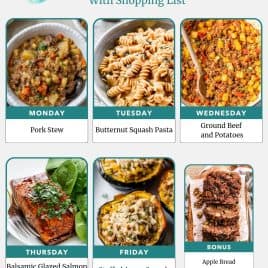 Weekly meal plan for 10.25.26 featuring pork stew, butternut squash pasta, beef and potatoes, salmon, squash, and bread.