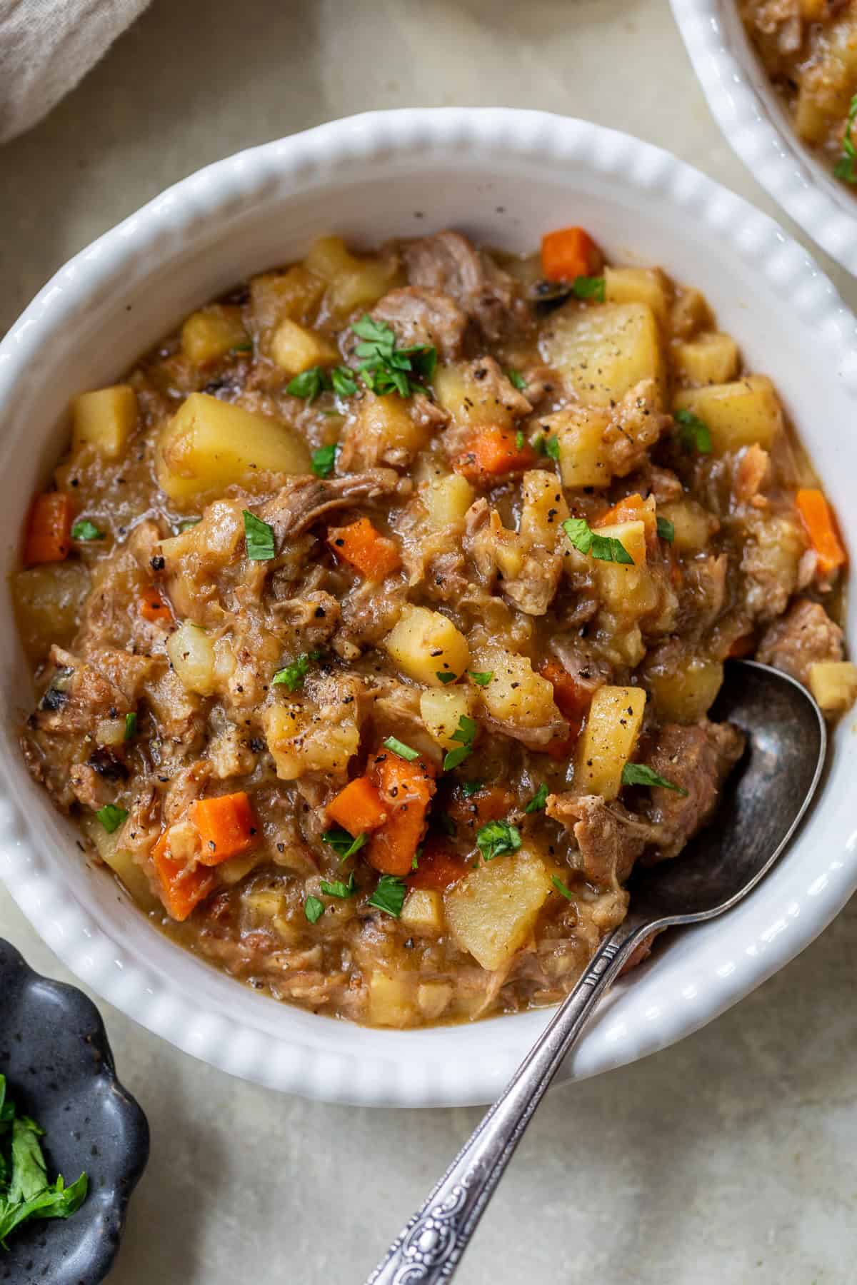 A bowl of pork stew with potatoes and carrots, garnished with fresh herbs and served with a metal spoon.