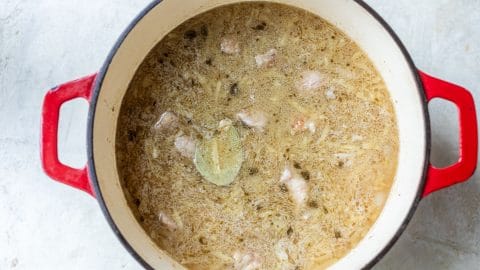 A red enameled cast iron pot filled with a light-colored savory stew containing meat and a bay leaf.